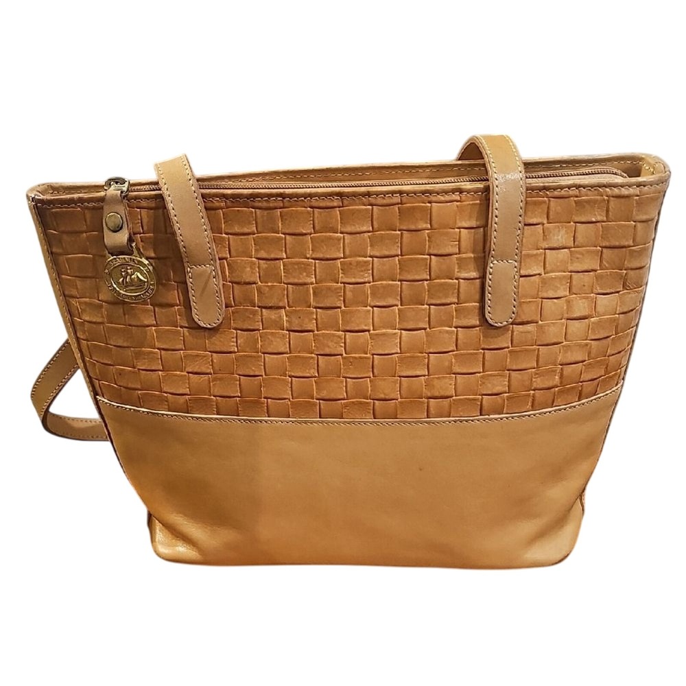 BRAHMIN Woven‎ Leather Tote Tan Satchel Purse Classic American Heritage